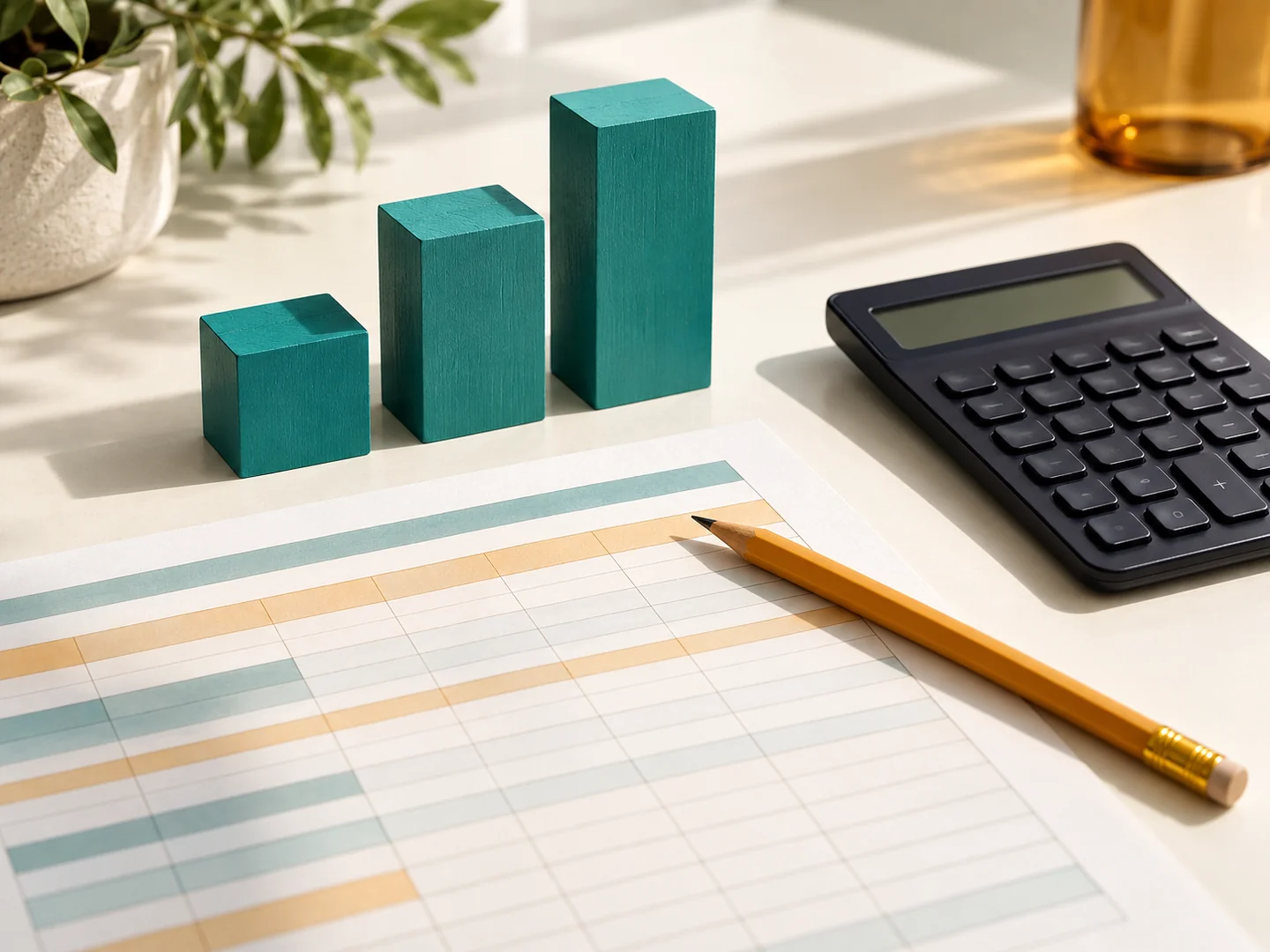 Cost worksheet and teal blocks representing separate elements of a service commitment