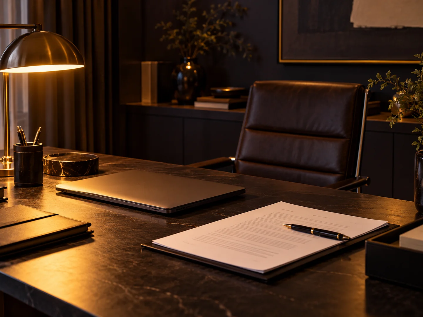 An operations desk after hours, with a service agreement ready for review
